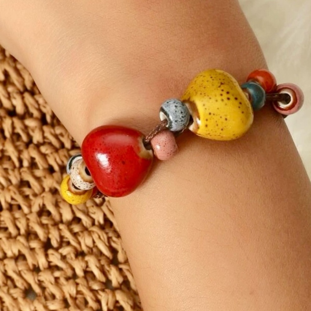 Colorful Heart Shaped Porcelain Bead Adjustable Bracelet